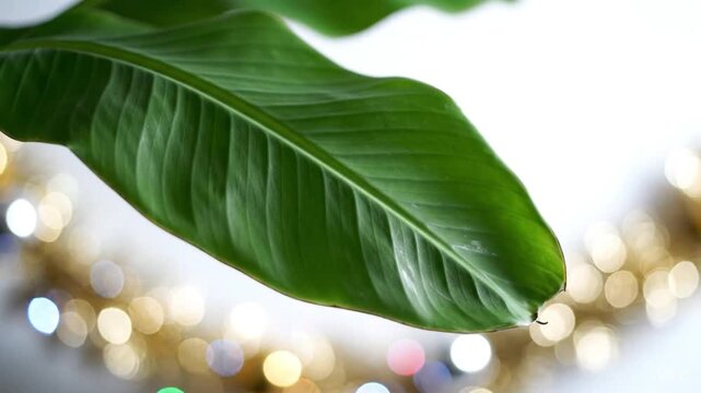 Small banana leaf swaying on bright clean background minimal festive vibe with copy space