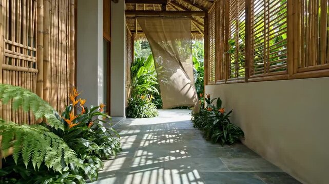 Shaded bamboo walkway illustrating resource-aware resort planning with filtered sunlight, breathable screens, tropical planting, and naturally cooled circulation inspired by vernacular living