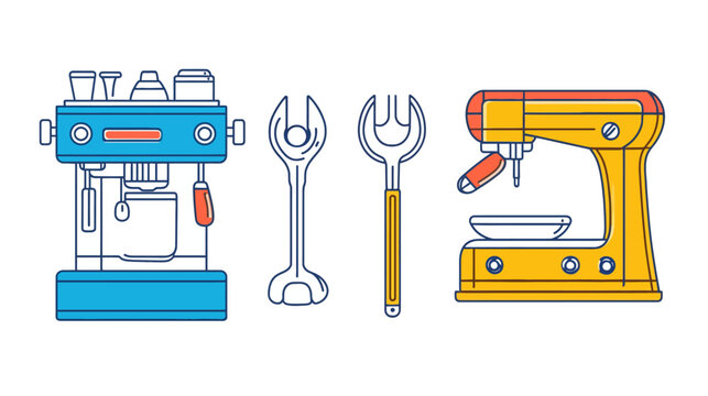 Flat vector illustrations of coffee equipment and tools, isolated on a white background