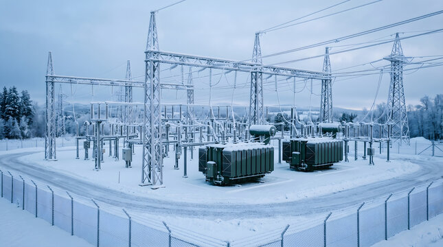 Snow covered power substation in harsh winter conditions showing grid resilience in cold weather