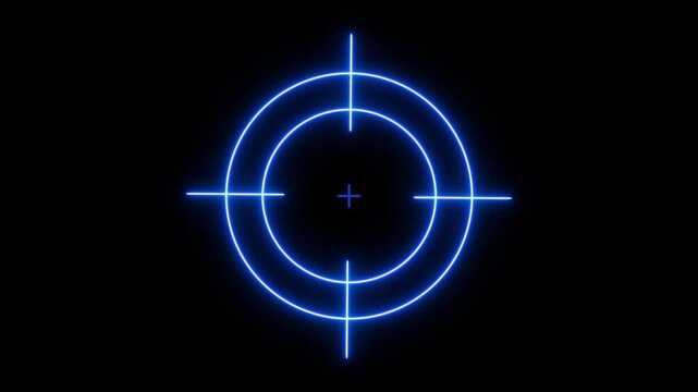 Neon blue digital target reticle overlay, hud interface for sci-fi gaming and tactical ui motion crosshair