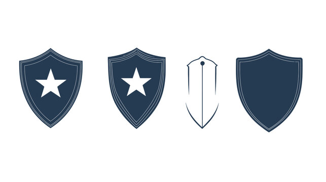 Collection of stylized shields in dark blue tones, including variations with stars and outlines