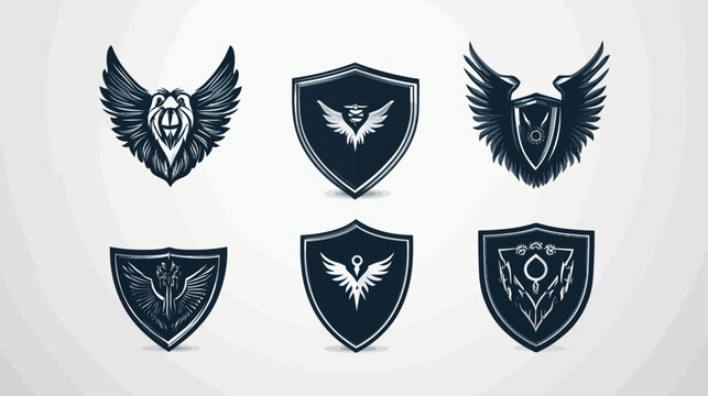 Collection of stylized emblems featuring wings and shields with a minimalist design
