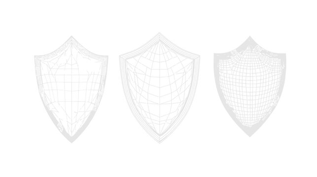 Three abstract shield shapes rendered as wireframes on a white background, representing protection