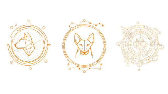 Three orange designs on a white background a geometric dog, a dog's face, and a complex circular graphic
