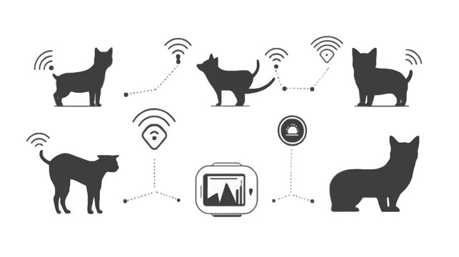 A grayscale graphic showcasing cat silhouettes connected to tracking devices using a dotted-line