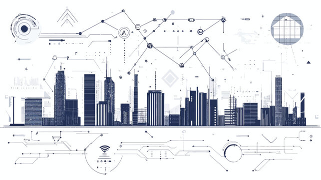 A digital art piece depicting a futuristic cityscape with interconnected network elements