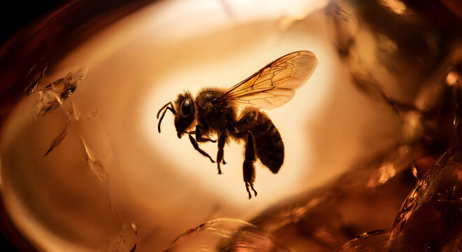 Bee caught in amber preserving ancient insect fossil