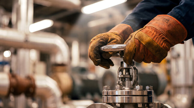 Industrial worker hands operating pipeline valve