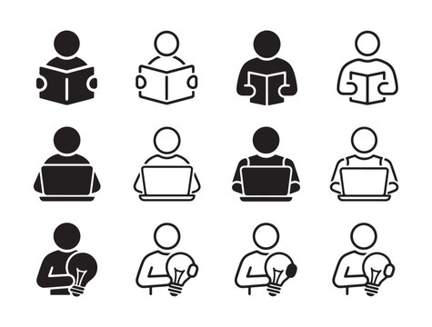 E-Learning and Creative Thinking Icon Set, People with Laptop, Book, and Lightbulb Symbols