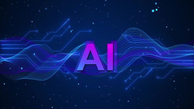 AI text prominently displayed with flowing digital wave patterns and circuit board lines against a dark blue background with scattered particles