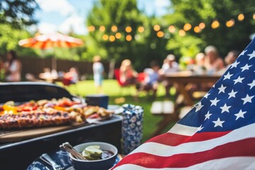 Obraz premium Guests enjoy food and drinks during a Memorial Day barbecue with friends and family celebrating Independence Day