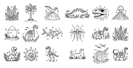 Prehistoric Dinosaur Icon Collection with Skeleton Fossils and Volcano, Set of Hand Drawn Jurassic Doodles for Kids Education and Stickers © Luka