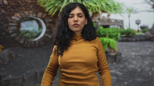 Young arab woman, brunette with hands pressed together in prayer gesture and eyes closed, wearing mustard turtleneck while standing on a stone street near plants; serenity.