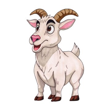 Cute white goat character with horns illustration. Hand drawn funny farm animal in marker art style. Little goatling isolated on white background for nursery decor, stickers and kids prints