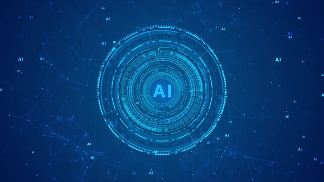 Centralized futuristic AI interface with concentric glowing blue rings and digital on a dark blue background with scattered AI symbols and network connections