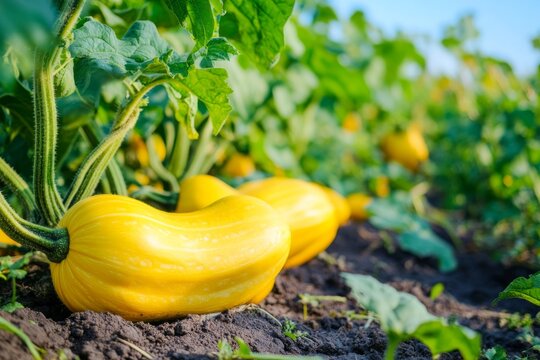 Closeup view of ripe crookneck squash in garden field during daytime with green plants surrounding it
