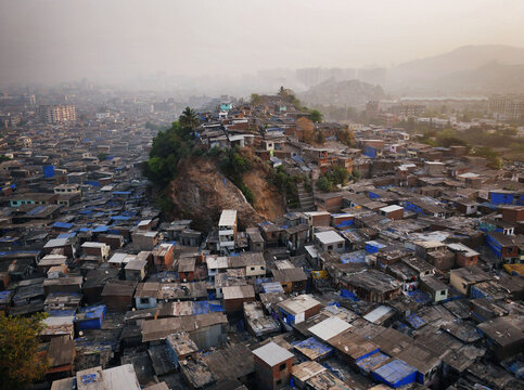 Aerial view of a densely populated slum in Mumbai