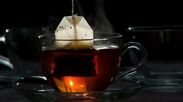 Strong Tea in a Transparent Cup. Teabag falls in a transparent cup with hot water on a dark background.  Water is painted in the color of tea