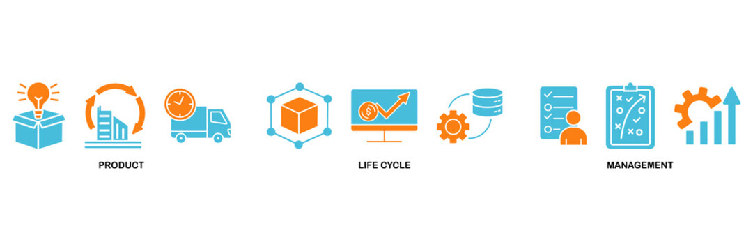 PLM icon set Aqua Orange Flat concept for product lifecycle management with innovation, development, manufacture, delivery, cycle, analysis, planning, strategy, and improvement icon