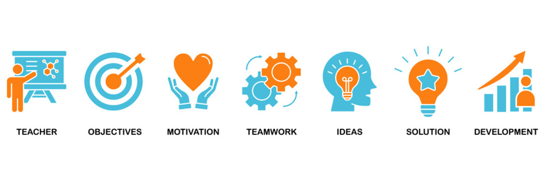 Workshop icon set Aqua Orange Flat concept for teacher, objectives, motivation, teamwork, ideas, solution, and development