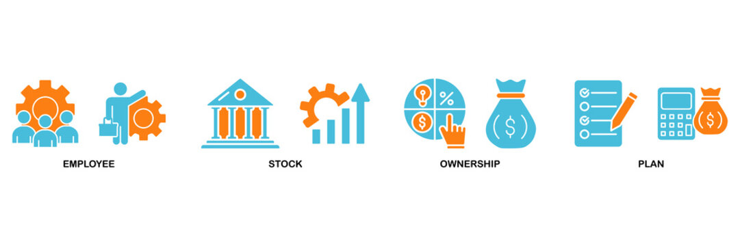 Esop icon set Aqua Orange Flat concept for employee stock ownership plan with icon of management, bank, graph, fund, investment and statistics