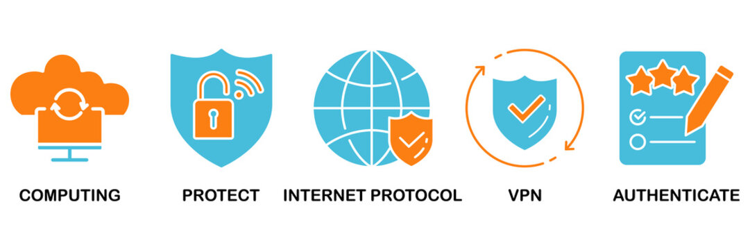 IPsec icon set Aqua Orange Flat concept for internet and protection network security with icon of cloud computing, protect, internet protocol, vpn, and authenticate