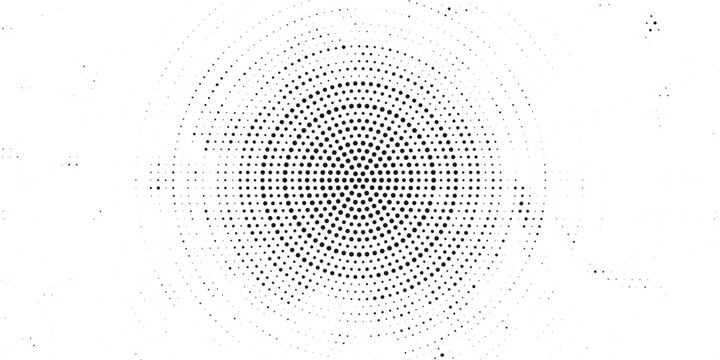 Concentric black halftone dot circle background, abstract monochrome vector pattern with radiating circular textures, modern minimalist design for targets, focus, and tech concepts