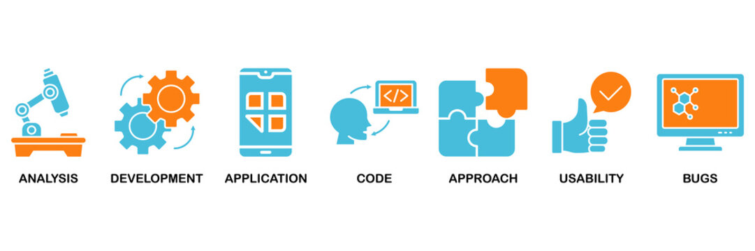 Software testing icon set Aqua Orange Flat concept for analysis, development, application, code, approach, usability, and bugs