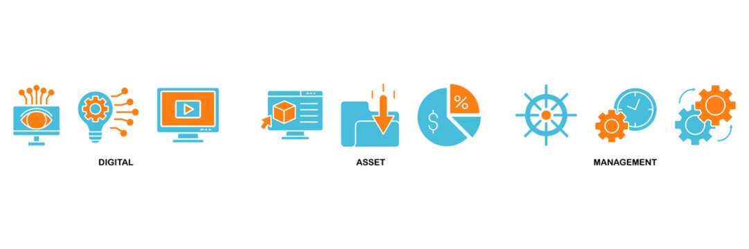 Dam icon set Aqua Orange Flat concept for digital asset management with icon of binary, automation, processing, design, data, network, and connection