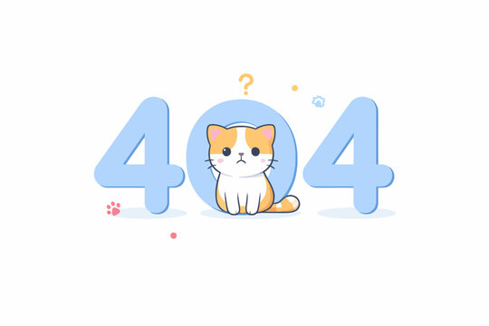 Adorable cat surrounded by 404 error symbols in playful design