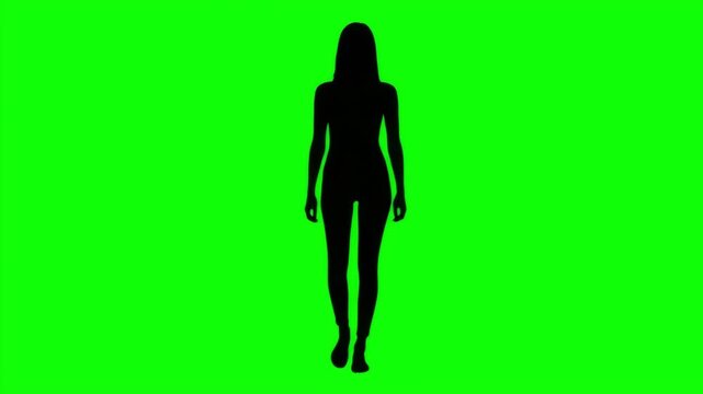 Full Body Silhouette of a Woman Walking Toward Camera Isolated on Solid Green Screen Background VFX