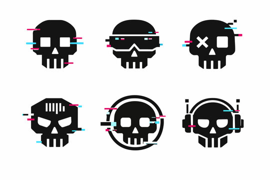 Cyberpunk glitch skull icons: futuristic digital designs