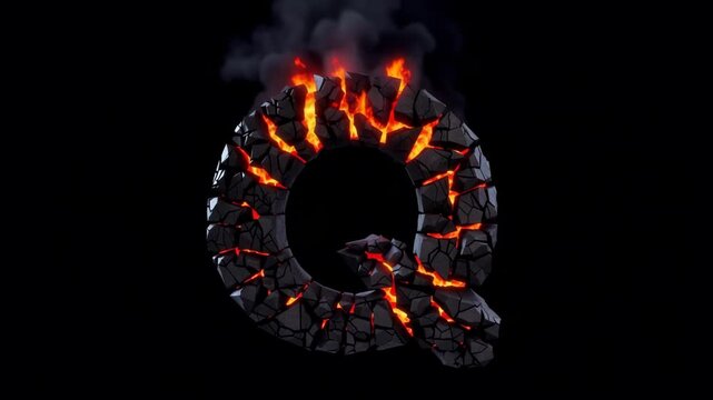 Cinematic burning letter Q with glowing lava cracks and smoke on a black background.
