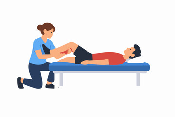 Obraz premium Female massage therapist assisting male client with leg stretch on therapy table