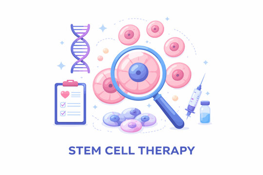 Stem cell therapy concept with dna, cells, and medical tools