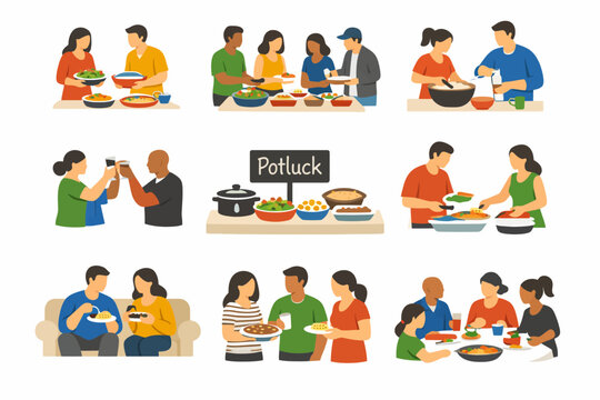 Diverse group enjoying potluck dinner: friends sharing homemade meals and conversation