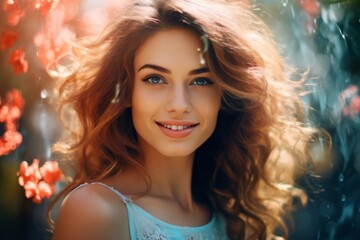Fototapeta premium Beautiful young woman with long curly hair smiling amidst vibrant flowers in a soft-focus outdoor setting