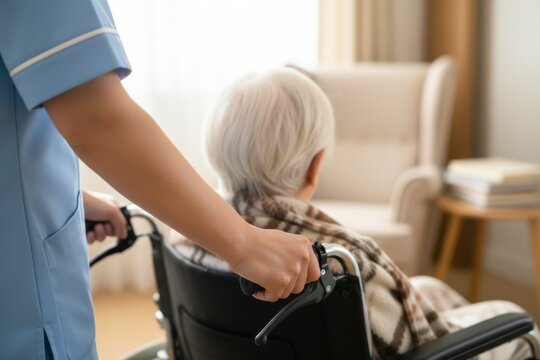 A caregiver in a blue uniform is pushing an elderly person in a wheelchair indoors, providing assistance and support.