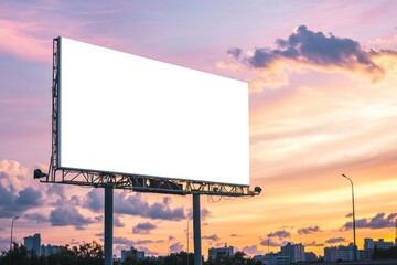 Fototapeta premium Wide blank billboard against warm sunset sky with clouds in urban setting for advertising and consumer promotion