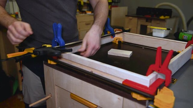 Set of clamps tools instruments for compressing and gluing wooden beams on work table in carpentry workshop, small business woodshop creating handmade items and furniture for home and living.