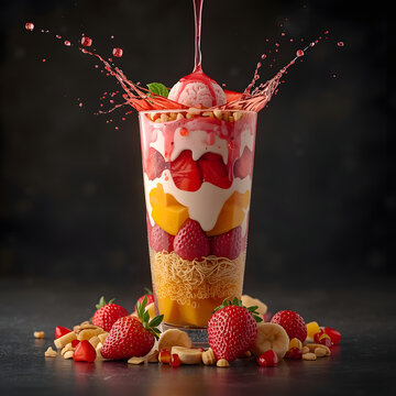 Ultra-realistic falooda dessert served in a transparent glass with layered rose milk, vermicelli, basil seeds, jelly, and ice cream. Topped with fresh fruits, crunchy nuts, and flowing rose syrup capt