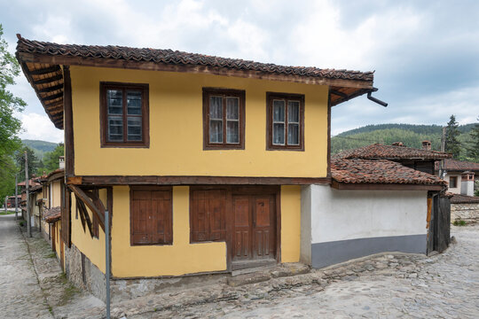 Street and old houses at historical town of Koprivshtitsa, Bulgaria
