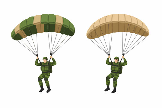 Male soldiers parachuting with green and tan parachutes in camouflage uniforms
