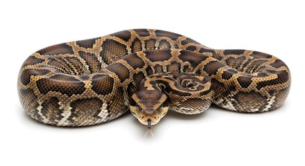Fototapeta premium Realistic Python Snake Coiled Close Up Isolated on White Background for Wildlife Photography, Exotic Reptile, Predator Animal, Nature Observation, Detailed Skin Pattern Illustration