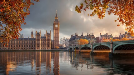 Fototapeta premium Big Ben tower with the Palace of Westminster and Westminster Bridge in autumn, London.