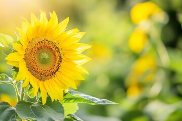 Obraz premium Sunflower blooming in a sunny field surrounded by green plants on a bright summer day