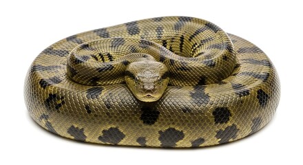 Obraz premium Realistic Anaconda Snake Coiled Isolated on White Background for Wildlife Photography, Large Reptile, Predator Animal, Exotic Species, Nature Observation, Detailed Skin Pattern Illustration