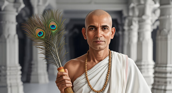 Jain Monk Holding Peacock Feather Pichhi in Temple, Ascetic Spiritual Leader in White Robes, Indian Religious Culture Vector Illustration