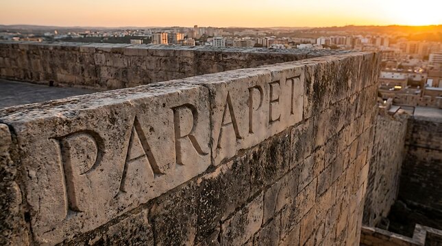 Ancient Stone Parapet Wall with Inscription at Sunset.